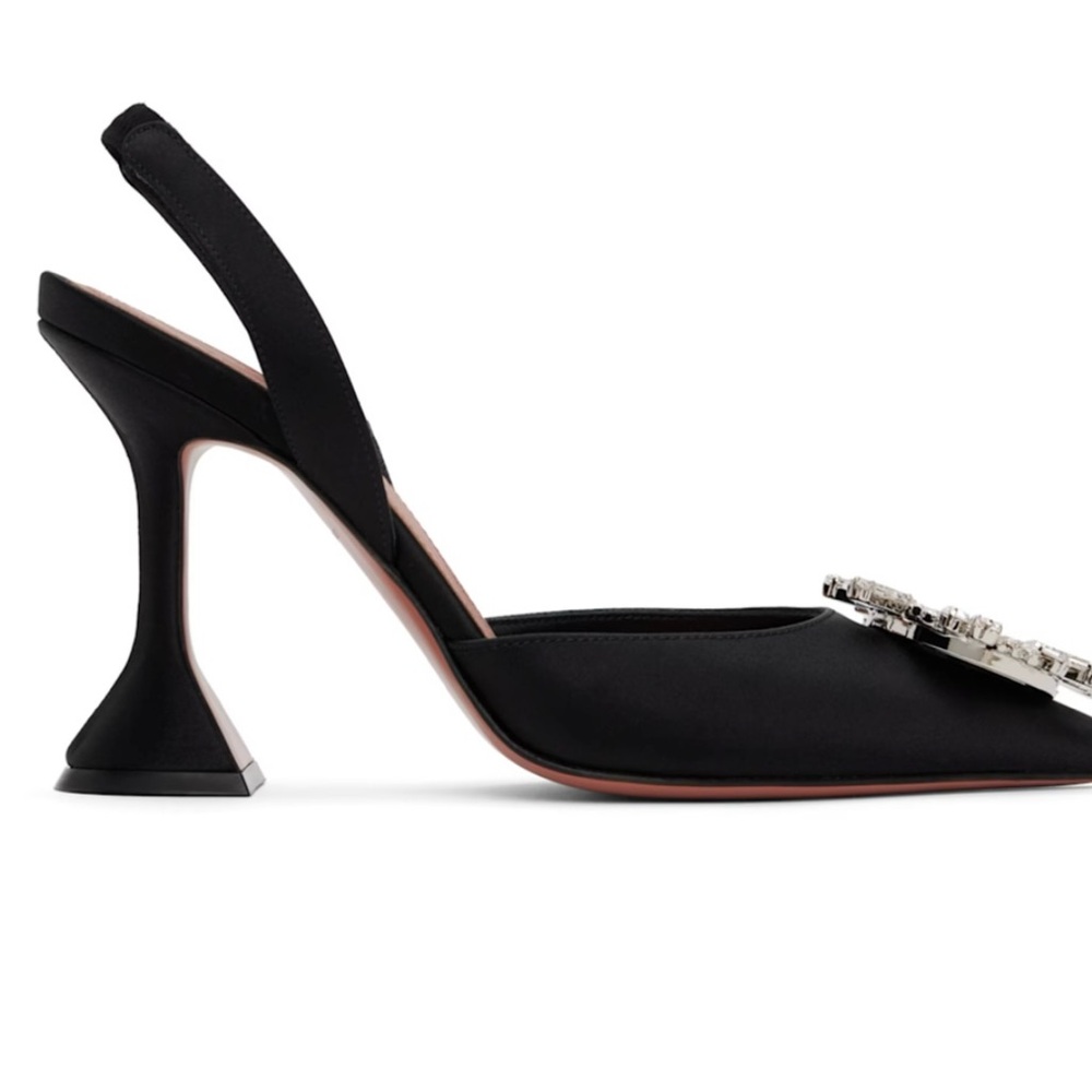 Amina Muaddi Black Satin Slingback Pumps with Crystal Buckle